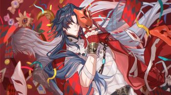 1boy aha_(honkai:_star_rail) ahoge bandaged_chest bandaged_torso beads black_hair blade_(honkai:_star_rail) bracelet earrings gradient_hair highres honkai:_star_rail honkai_(series) jacket jewelry long_hair mask multicolored_hair necklace open_clothes open_jacket red_eyes red_jacket single_earring tanemaki_monaka tassel very_long_hair watermark white_hair yingxing_(honkai:_star_rail)