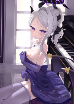 1girl absurdres arsenic_(dufw2887) black_halo blue_archive breasts demon_girl demon_horns demon_wings dress earrings elbow_gloves gloves grand_piano halo highres hina_(blue_archive) hina_(dress)_(blue_archive) horns indoors instrument jewelry long_hair looking_at_viewer low_wings necklace nipples pendant piano purple_dress purple_eyes purple_gloves purple_thighhighs sitting small_breasts solo thighhighs white_hair wings