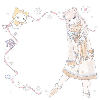 Rule 34 | 1girl, :3, ahoge, animal, animal print, blue bow, blue sailor collar, blunt bangs, boots, bow, bowtie, brown boots, brown bow, brown bowtie, buttons, cat, chinese commentary, cloak, closed mouth, clothed animal, cloud, coat, commentary request, cone hair bun, cropped legs, dog hair ornament, dog print, double bun, ear covers, fingerless gloves, frilled sailor collar, frills, fringe trim, fur-trimmed boots, fur-trimmed coat, fur-trimmed sleeves, fur trim, gloves, guardian floof (infinity nikki), hair bow, hair bun, hair ornament, hair scrunchie, hairclip, heart, highres, hood, hood up, hooded cloak, infinity nikki, jintianshigehaotianqine, knee boots, long hair, long sleeves, low twintails, momo (nikki), navel, nikki (nikki), nikki (series), open mouth, parallel hairclips, pink hair, pink ribbon, pocket, print coat, red bow, red bowtie, ribbon, sailor collar, scarf, scrunchie, simple background, sleeve bow, sleeves past wrists, smile, snowflakes, sparkle, speech bubble, spoken heart, traditional bowtie, twintails, v, variant set, whiskers, white background, white cat, white coat, white gloves, white scrunchie, winter clothes, winter coat, yellow cloak, yellow scarf