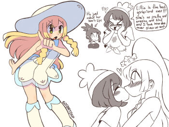 1boy 2girls bad_anatomy bad_face blonde_hair blush boots closed_eyes dress elio_(pokemon) english_text fang green_eyes hands_on_own_cheeks hands_on_own_face hat heart highres kiss knee_boots lillie_(pokemon) long_hair looking_at_another multiple_girls nintendo partially_colored pokemon pokemon_sm selene_(pokemon) shirt short_hair short_sleeves sleeveless sleeveless_dress sofo_soup speech_bubble sweatdrop t-shirt white_boots white_dress white_hat yuri