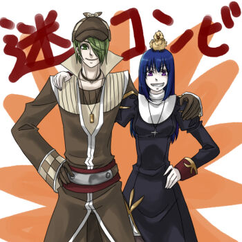 1boy 1girl animal animal_on_head atail_ream baby_animal bird bird_on_head black_dress blue_hair brown_coat brown_gloves brown_thighhighs chick closed_mouth coat commentary_request cowboy_shot cross cross_necklace deerstalker dress gloves green_eyes green_hair grin hair_over_one_eye hand_on_another&#039;s_shoulder hat jewelry juliet_sleeves long_hair long_sleeves looking_at_viewer necklace on_head priest_(ragnarok_online) puffy_sleeves purple_eyes ragnarok_online short_hair smile thighhighs toriria translation_request white_background