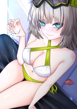 1girl aa-12_(girls'_frontline) aa-12_(the_sun_never_rises)_(girls'_frontline) absurdres artist_logo artist_name blue_eyes breasts bright_pupils brown_hair cleavage closed_mouth commentary english_commentary girls'_frontline girls'_frontline_2:_exilium goggles goggles_on_head gosofia2 highres lind_(girls'_frontline_2) logo looking_at_viewer official_alternate_costume paid_reward_available pink_nails scrunchie sitting solo textless_version wavy_mouth white_pupils white_scrunchie wrist_scrunchie