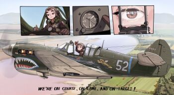 1girl absurdres aircraft airplane airplane_interior canopy_(aircraft) clipboard cockpit day english_text flying flying_tigers gloves helmet highres kill_markings korean_commentary military military_vehicle open_cockpit original p-40_warhawk pilot pilot_helmet piloting propeller_fighter rifleman1130 scenery smile world_war_ii