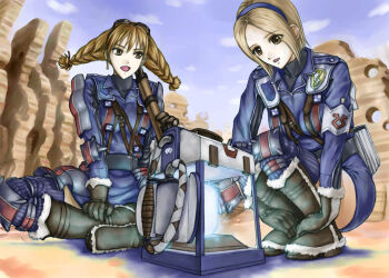 00s 2girls aika_(eternal_arcadia) blonde_hair braid brown_eyes brown_hair eternal_arcadia fina_(eternal_arcadia) goggles gun hairband kneeling military military_uniform moris morisu multiple_girls red_hair sega senjou_no_valkyria senjou_no_valkyria_(series) senjou_no_valkyria_1 skirt thighhighs twin_braids weapon