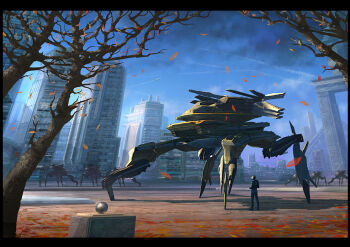 1boy autumn_leaves bare_tree building city day hideyoshi_ruwwe leaf mecha original park robot scenery science_fiction shadow skyscraper solo sunlight tree walker_(robot)