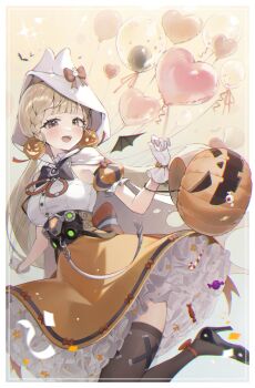 1girl absurdres alice_thymefield alternate_costume animal_ears ankle_bow ankle_ribbon armband balloon bat_(animal) belt black_shoes blonde_hair blush border bow brown_thighhighs candy cape chama_(chacoc0) chest_bow commentary food frilled_gloves frilled_skirt frills glove_bow gloves hair_ornament halloween halloween_bucket halloween_costume heart_balloon heterochromia high_heels highres hood hood_up layered_skirt leg_ribbon leg_up looking_at_viewer low_twintails medium_skirt open_mouth orange_armband orange_bow orange_skirt pumpkin rabbit_ears rabbit_girl red_eyes ribbon shirt shoes shrug_(clothing) skirt sleeveless sleeveless_shirt solo sparkle sphere_hair_ornament striped_armband striped_clothes thighhighs too_many_bows torn_cape torn_clothes twintails white_border white_cape white_gloves white_hood white_shirt white_shrug yellow_background yellow_eyes zenless_zone_zero