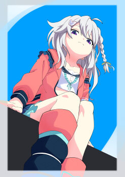 Rule 34 | 1girl, 9-nine-, absurdres, ahoge, arms at sides, asymmetrical legwear, blue background, blue skirt, braid, butterfly hair ornament, cardigan, closed mouth, collarbone, commentary, crop top, downturned eyes, dutch angle, eyebrows hidden by hair, feet out of frame, frilled sleeves, frills, from below, green ribbon, grey hair, hair between eyes, hair ornament, hair ribbon, highres, kumichiyo, long hair, long sleeves, looking at viewer, looking down, miniskirt, mismatched legwear, niimi sora, open cardigan, open clothes, pleated skirt, purple eyes, red cardigan, ribbon, sidelocks, simple background, single braid, sitting, skirt, smile, solo, split mouth