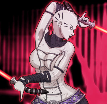 1girl asajj_ventress bald bald belt black_lips black_nails bodysuit breasts bulge clone_wars covered_navel dual_wielding energy_sword erection erection_under_clothes female_focus fighting_stance holding jeibii large_breasts lightsaber lipstick makeup nail_polish no_pupils pinky_out solo star_wars star_wars:_the_clone_wars_(2008_tv_series) sword weapon