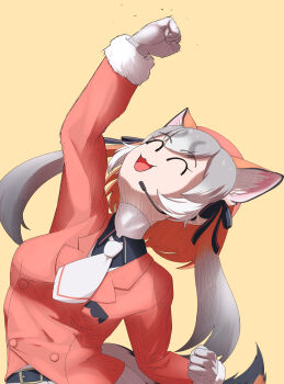 1girl absurdres animal_ears belt brown_background brown_hair extra_ears fox_ears fox_girl fox_tail gloves grey_hair hat highres island_fox_(kemono_friends) jacket kemono_friends kemono_friends_v_project long_hair microphone necktie rest_in_muni ribbon shirt simple_background skirt solo tail twintails upper_body uppercut virtual_youtuber
