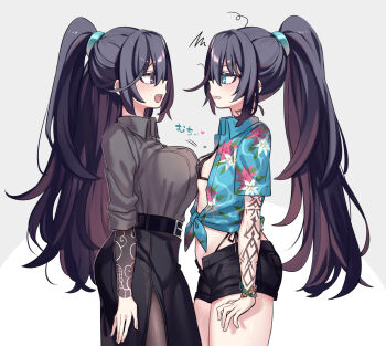 2girls aqua_eyes asymmetrical_docking bikini black_bikini black_eyes black_hair black_shorts black_skirt blue_shirt breast_press breasts commentary_request cowboy_shot flat_chest genderswap genderswap_(mtf) half_updo hawaiian_shirt high_ponytail highres hong_lu_(project_moon) kurokumo_clan_(identity)_(project_moon) large_breasts limbus_company long_hair long_skirt micro_bikini multiple_girls open_mouth ponytail project_moon shiki_(shikki46) shirt short_sleeves shorts side_slit simple_background skirt smile swimsuit tied_shirt tingtang_gang_(identity)_(project_moon) very_long_hair white_background