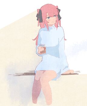 1girl absurdres alcohol black_ribbon blue_eyes drink hair_ribbon highres holding holding_drink kamiina_botan kamiina_botan_yoeru_sugata_wa_yuri_no_hana long_hair long_sleeves nazo_no_anime-dan parted_lips pink_hair ribbon smile solo sweater two_side_up white_sweater