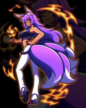 1girl animal_ear_fluff animal_ears black_sandals black_tank_top breasts colored_tips commentary corrupted_twitter_file english_commentary fire glasses hand_on_own_hip highres long_hair midriff multicolored_hair original pants platform_sandals purple_hair sandals socks swixims tail tank_top white_pants white_socks