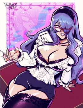 absurdres arm_support black_bra black_skirt black_thighhighs bra bra_peek breasts camilla_(fire_emblem) cleavage cosplay fire_emblem fire_emblem_fates glasses hair_over_one_eye hairband highres holding holding_pointer jewelry lace lace_bra large_breasts long_hair mole mole_on_breast necklace nico_artoo nintendo pencil_skirt pointer purple_hair purple_nails red-framed_eyewear red_eyes rin_(senran_kagura) senran_kagura shirt skirt teacher thighhighs underwear white_shirt