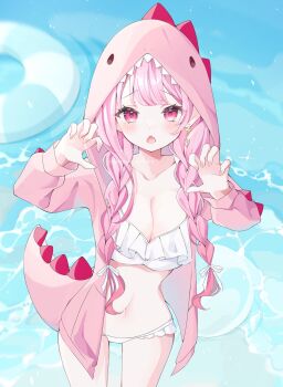 Rule 34 | 1girl, artist name, bikini, braid, breasts, cleavage, collarbone, commentary request, commission, dinosaur hood, earrings, feet out of frame, hanayura tira (vtuber), highres, hood, hoodie, indie virtual youtuber, jewelry, large breasts, long hair, long sleeves, navel, open clothes, open hoodie, open mouth, pink eyes, pink hair, pink hoodie, sakuragi kohaku, second-party source, solo, swim ring, swimsuit, twin braids, twitter username, virtual youtuber, water, white bikini