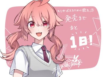 1girl ahoge blush commentary_request countdown fangs grey_sweater_vest highres kashikaze kimi_ga_hoeru_tame_no_uta_wo long_hair necktie ogami_haru open_mouth pink_hair red_eyes red_necktie school_uniform shirt signature solo sweater_vest teeth translation_request upper_body upper_teeth_only white_shirt