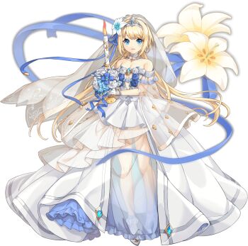 1girl artist_request bare_shoulders blonde_hair blue_eyes blue_ribbon bouquet breasts bridal_veil cleavage collar dress fire flower full_body game_cg gloves hair_flower hair_ornament highres holding holding_bouquet holding_taper jeanne_d'arc_(legend_clover) legend_clover official_alternate_costume official_art open_mouth ribbon see-through_clothes see-through_dress taper third-party_source tiara transparent_background twintails veil wedding_dress white_flower white_footwear white_gloves