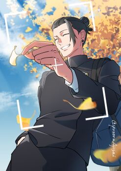 Rule 34 | 1boy, bag, black hair, black pants, buttons, closed eyes, closed mouth, cloud, cloudy sky, commentary request, from below, getou suguru, grin, hair pulled back, hand in pocket, highres, holding, holding leaf, jujutsu kaisen, jujutsu tech uniform, leaf, male focus, pants, plug (piercing), school bag, short hair, shoulder bag, sky, smile, solo, twitter username, viewfinder, yozoraajisai