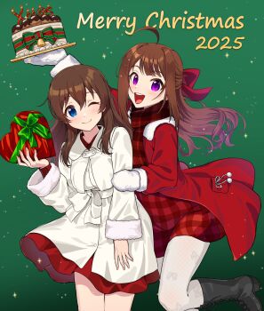 ahoge blue_eyes blush boots breasts brown_hair cake coat commentary_request dress food highres idolmaster idolmaster_million_live! idolmaster_million_live!_theater_days kamille_(vcx68) long_hair looking_at_viewer medium_breasts merry_christmas mittens one_eye_closed open_mouth pantyhose purple_eyes santa_costume santa_dress satake_minako smile teeth upper_teeth_only white_mittens white_pantyhose yokoyama_nao