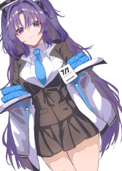 1girl absurdres amateru black_halo black_jacket black_skirt blazer blue_archive blue_necktie collared_shirt commentary_request hair_between_eyes hair_ornament halo highres jacket long_hair long_sleeves looking_at_viewer mechanical_halo name_tag necktie pleated_skirt purple_eyes purple_hair shirt sidelocks simple_background skirt solo standing two_side_up very_long_hair white_background white_shirt yuuka_(blue_archive)