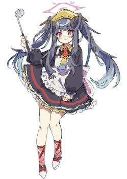 1girl apron ascot bare_legs black_dress black_hair black_shoes blue_archive blunt_bangs clenched_hand closed_mouth demon_girl demon_horns dress frilled_apron frilled_dress frills full_body fuuka_(blue_archive) gehenna_academy_logo gradient_hair hair_on_horn halo hand_up headscarf high_heels highres holding holding_ladle horns ladle long_hair long_sleeves looking_at_viewer multicolored_hair multicolored_ribbon pink_ribbon pink_socks puffy_long_sleeves puffy_sleeves red_ascot red_eyes red_halo ribbon school_uniform shoes sidelocks simple_background sketch smile socks solo standing tokage_(pr) twintails white_apron white_background white_ribbon yellow_headscarf