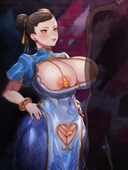 1boy 1girl 5t_(5t_000) absurdres areola_slip ass bangle bikini blush bracelet breasts brown_hair capcom chun-li cleavage cleavage_cutout cleft_of_venus clothing_cutout covered_erect_nipples covered_navel dark-skinned_male dark_skin earrings eyeshadow gold_bikini heart heart_cutout heart_earrings heart_print highres huge_breasts jewelry lipstick makeup nail_polish pubic_cutout ribbon street_fighter street_fighter_6 swimsuit