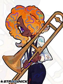 Rule 34 | 1girl, artist name, black necktie, black pants, collared shirt, cowboy shot, dark-skinned female, dark skin, hair over one eye, highres, holding, holding instrument, holding trombone, instrument, long sleeves, looking at viewer, necktie, nintendo, orange hair, pants, patterned hair, purple eyes, shirt, shirt tucked in, solo, splatoon (series), splatoon 3, starssonick, suspenders, tao blu, tentacle hair, trombone, white shirt, zoom layer
