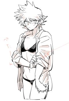 1girl absurdres adjusting_clothes adjusting_shirt adjusting_sleeves bakugou_katsuki bibiri_(r42r98r) bikini black_bikini boku_no_hero_academia breasts character_request check_character collarbone commentary_request cropped_legs frown genderswap genderswap_(mtf) groin highres jitome navel open_clothes open_shirt sanpaku shirt sleeves_rolled_up small_breasts solo spiked_hair spot_color sweatdrop swimsuit translation_request tsurime