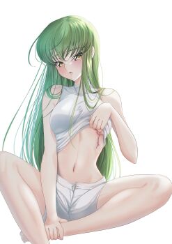 1girl absurdres backlighting bare_arms between_legs blush breasts budgiepon c.c. code_geass crossed_bangs eyelashes foot_out_of_frame green_hair hair_between_eyes hair_over_shoulder hand_between_legs head_tilt highres holding_own_foot indian_style lips long_hair looking_at_viewer medium_breasts midriff navel parted_lips scar scar_on_breasts shirt shorts simple_background sitting sleeveless sleeveless_shirt solo stomach straight_hair undressing very_long_hair white_background white_shirt white_shorts yellow_eyes