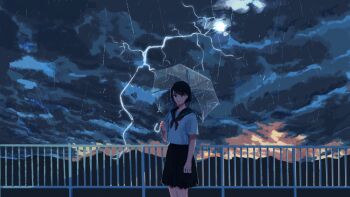1girl arm_at_side black_hair black_neckerchief black_sailor_collar black_skirt closed_mouth commentary expressionless hand_up highres holding holding_umbrella lightning looking_at_viewer neckerchief original outdoors overcast railing rain sailor_collar scenery school_uniform serafuku shirt short_hair short_sleeves skirt sky sky_focus solo storm summer_uniform swept_bangs transparent transparent_umbrella umbrella white_shirt yamiko160