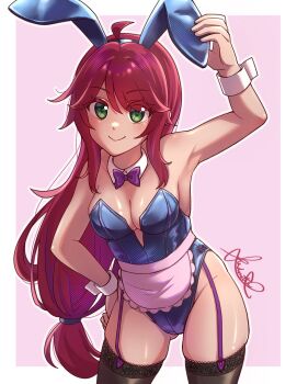 Rule 34 | 1girl, animal ears, apron, blue leotard, blush, bow, bowtie, breasts, brown thighhighs, cleavage, collarbone, cowboy shot, detached collar, fake animal ears, garter straps, gradient background, green eyes, grey background, groin, hand on own hip, highres, leotard, long hair, maid apron, medium breasts, pink background, playboy bunny, purple bow, purple bowtie, rabbit ears, red hair, shadouette, shiny skin, smile, stylist (terraria), terraria, thighhighs, waist apron, white apron, white background, wrist cuffs