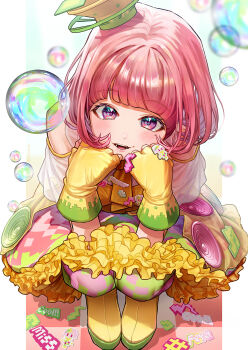 Rule 34 | 1girl, bubble, english text, highres, kamen rider, kamen rider ex-aid (series), looking at viewer, pink eyes, pink hair, poppi pipopapo, short hair, skirt, solo, squatting, twitter, zeikomimi