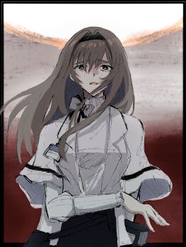 Rule 34 | 1girl, arknights, black hairband, black skirt, book, breasts, brown hair, coat, crying, crying with eyes open, fuyunaga, hairband, highres, holding, holding book, jacket, long hair, long sleeves, looking at viewer, medium hair, name tag, open mouth, priestess (arknights), purple eyes, sad, shirt, skirt, solo, streaming tears, sweater, symbol-shaped pupils, tears, turtleneck, white coat, white sweater