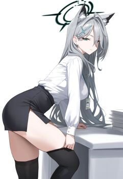 1girl adjusting_clothes adjusting_legwear ahoge ai-assisted aiart_fring animal_ear_fluff animal_ears black_dress black_halo black_skirt black_thighhighs blue_archive broken_halo closed_mouth commentary cross cross_hair_ornament cuff_links dark_halo desk dress earrings expressionless extra_ears green_eyes grey_hair hair_ornament hair_over_one_eye hair_over_shoulder halo hand_rest highres id_card inverted_cross jewelry lanyard leaning_forward leaning_on_object long_sleeves looking_at_viewer miniskirt on_desk paper paper_stack pencil_skirt shiroko_terror_(blue_archive) shirt simple_background sitting skirt solo stud_earrings thighhighs thighhighs_pull tight_clothes tight_shirt white_background white_shirt wolf_ears wolf_girl