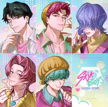 5boys abby_(kpop_demon_hunters) aqua_hair baby_(kpop_demon_hunters) black_hair brown_hair collared_shirt commentary earrings fang group_name hair_over_eyes hat heart heart_pendant highres jewelry jinu_(kpop_demon_hunters) kpop_demon_hunters looking_at_viewer male_focus medium_hair multiple_boys mystery_(kpop_demon_hunters) necklace one_eye_closed oretsuu pink_eyes pink_hair pink_nails purple_hair purple_nails romance_(kpop_demon_hunters) shirt song_name sparkle twitter_username watermark yellow_hat