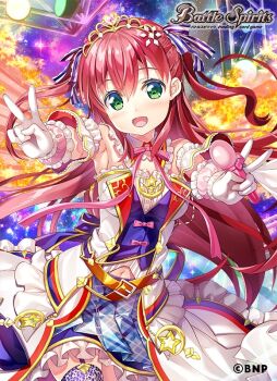 Rule 34 | 1girl, battle spirits, clothing cutout, commentary request, copyright logo, copyright name, copyright notice, crown, detached sleeves, double v, fujima takuya, gloves, green eyes, hair between eyes, hair ornament, hair ribbon, holding, holding microphone, idol clothes, logo, long hair, microphone, navel, navel cutout, noa fleur, official art, open mouth, orange ribbon, reaching, reaching towards viewer, red hair, ribbon, solo, striped ribbon, two side up, v, white gloves