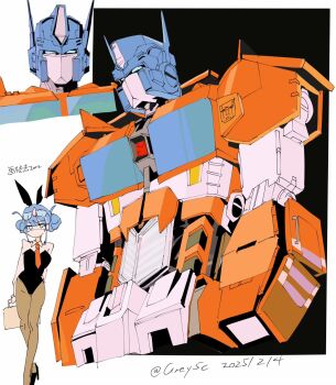 1boy 1girl autobot bare_shoulders blue_eyes breasts highres insignia looking_at_viewer mecha optimus_prime optimus_prime_(kotobukiya_bishoujo) playboy_bunny robot science_fiction si_ming transformers transformers:_generation_1