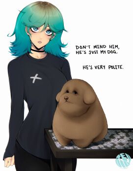 1girl animal black_choker black_pants black_shirt blue_eyes blue_hair breasts brown_dog choker commentary dog double-parted_bangs earrings english_commentary hair_between_eyes highres jewelry long_sleeves looking_at_viewer medium_breasts multicolored_hair original pants parted_lips roots_(hair) shirt short_hair simple_background solo table teyoid white_background