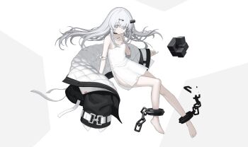 1girl barcode barcode_tattoo bare_shoulders barefoot black_jacket breasts choker closed_mouth commentary cuffs dress full_body grey_eyes hair_ornament hairclip highres jacket kawara_pigeon long_hair looking_at_viewer original shackles small_breasts solo tattoo white_dress white_hair