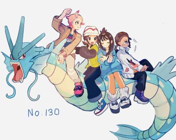 2boys 2girls ahoge bell-bottoms black_hair blonde_hair blue_eyes blue_hoodie blue_shirt blush breasts brown_eyes brown_hair brown_jacket closed_eyes closed_mouth cube_hair_ornament dark-skinned_male dark_skin fangs gen_1_pokemon green_jacket gyarados hair_ornament harmony_(pokemon) hat highres hood hood_down hoodie jacket leggings lida_(pokemon) long_hair long_sleeves multiple_boys multiple_girls naveen_(pokemon) nintendo open_clothes open_jacket open_mouth orange_leggings pants piyo_(toripoke710) pokemon pokemon_(creature) pokemon_legends:_z-a purple_eyes red_eyes ribbed_socks riding riding_pokemon shirt shoes short_hair simple_background smile socks striped_hat teeth topknot urbain_(pokemon) white_hat white_jacket white_leggings white_shirt wispy_bangs