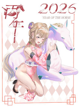 1girl 2026 ;d absurdres animal bare_shoulders black_shoes braid breasts brown_eyes brown_hair chinese_zodiac commentary_request detached_sleeves double_bun dress floral_print hair_bun high_heels highres horse long_sleeves medium_breasts mosta_(lo1777789) one_eye_closed open_mouth original pink_dress pink_sleeves print_sleeves shoes sleeveless sleeveless_dress smile solo white_background wide_sleeves year_of_the_horse