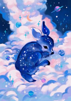 above_clouds animal animal_focus baby_animal black_eyes blue_background blue_fur blue_sky blue_theme closed_mouth cloud commentary crescent crescent_facial_mark crescent_moon cumulonimbus_cloud curled_up deer english_commentary facial_mark fawn forehead_mark full_body highres lying meyoco moon night night_sky no_humans on_cloud original outdoors pink_clouds planet saturn_(planet) sky space sparkle star_(sky) star_(symbol)