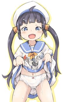 1girl :d beret black_hair blue_eyes blue_sailor_collar blush character_request commentary_request copyright_request ham_(points) hat loli long_hair looking_at_viewer low_twintails navel open_mouth panties sailor_collar shell simple_background smile solo standing twintails underwear wet white_background white_hat white_panties