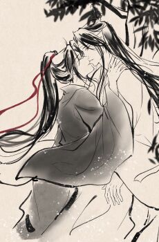 Rule 34 | 2boys, bishounen, black hair, black hanfu, chinese clothes, closed eyes, couple, faux traditional media, fia (fialoveice), from side, hair ribbon, hand on another's shoulder, hanfu, headband, height difference, highres, hug, imminent kiss, ink wash painting, lan wangji, leaf, long hair, long sleeves, looking at another, male focus, modao zushi, monochrome, multiple boys, parted lips, ponytail, profile, red ribbon, ribbon, robe, sidelocks, smile, spot color, topknot, tree, wei wuxian, white hanfu, wide sleeves, xiao guan (headdress), yaoi