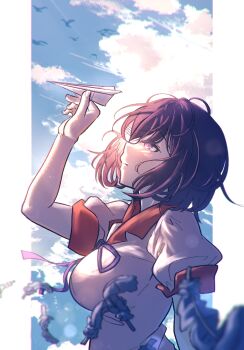 1girl absurdres black_hair border breasts closed_mouth cloud cumulonimbus_cloud day feathers from_side hand_up hanekawa_tsubasa highres juliet_sleeves large_breasts long_sleeves monogatari_(series) naoetsu_high_school_uniform otaichiichi outdoors outside_border paper_airplane pink_shirt profile puffy_sleeves purple_eyes school_uniform shirt short_hair short_sleeves sky solo summer_uniform upper_body white_border