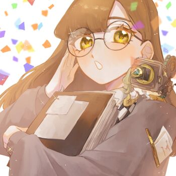 2girls adjusting_eyewear aun_(aunkun_026) blonde_hair book brown_hair brown_jacket confetti gloves hand_on_eyewear hand_up highres holding holding_book hugging_book hugging_object jacket loggerhead_(reverse:1999) long_hair mini_person mini_person_on_shoulder minigirl movie_camera multiple_girls object_head open_mouth reverse:1999 round_eyewear scott_(reverse:1999) side_ponytail smile upper_body white_background yellow_eyes