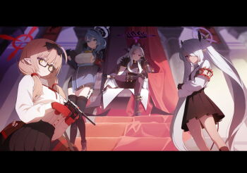 4girls ako_(blue_archive) armband blue_archive boots breasts chinatsu_(blue_archive) crossed_arms demon_horns flat_chest from_below game_cg garter_straps glasses gun halo handgun highres hina_(blue_archive) horns iori_(blue_archive) large_breasts letterboxed long_hair mauser_c96 multiple_girls non-web_source official_art one_eye_covered pleated_skirt pointy_ears prefect_team_(blue_archive) school_uniform sideboob skirt small_breasts socks tail thighhighs throne throne_room very_long_hair weapon