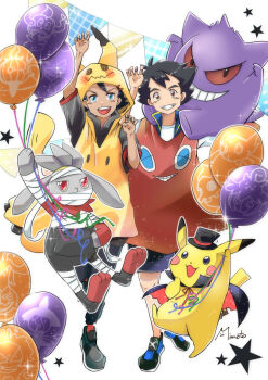 artist_name ash_ketchum balloon black_footwear black_hair blue_eyes brown_eyes chandelure claw_pose cosplay dracula_(cosplay) duskull full_body gastly gen_1_pokemon gen_3_pokemon gen_4_pokemon gen_5_pokemon gen_6_pokemon gen_7_pokemon gen_8_pokemon gengar goh_(pokemon) gourgeist halloween halloween_costume hand_in_pocket haunter holding holding_balloon lampent looking_at_viewer mimikyu mimikyu_(cosplay) mummy_(cosplay) nintendo on_shoulder open_mouth phantump pikachu pokemon pokemon_(anime) pokemon_(creature) pokemon_journeys pokemon_on_shoulder pumpkaboo raboot rotom rotom_(cosplay) rotom_phone rotom_phone_(cosplay) sableye short_hair short_sleeves shorts smile teeth upper_teeth_only white_background
