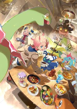 1boy 1girl ahoge antennae bergmite berry_(pokemon) blonde_hair blue_eyes blue_fur blue_sclera blue_shirt breasts brown_jacket cake character-themed_food claws closed_mouth colored_sclera croconaw croissant cropped_shirt cup curry drink e_volution fangs floating floette floette_(orange_flower) floette_(white_flower) flower food food_request fork furry gen_2_pokemon gen_3_pokemon gen_5_pokemon gen_6_pokemon goomy gradient_hair gravy_boat green_eyes hair_bun highres holding holding_flower holding_tray indoors jacket knife long_sleeves manectric mega_manectric mega_pokemon meganium meowstic meowstic_(female) meowstic_(male) midriff multicolored_hair napkin navel neck_fur nintendo omelet on_shoulder open_clothes open_jacket open_mouth orange_flower pants phantump pignite pink_hair pokemon pokemon_(creature) pokemon_legends:_z-a pokemon_on_shoulder red_eyes red_shirt red_sweater ribbed_shirt saucer sharp_teeth shirt shorts smile spoon sweater table tail taunie_(pokemon) teeth tiered_tray tray turtleneck two-tone_fur urbain_(pokemon) white_flower white_fur white_shorts yellow_eyes yellow_sclera