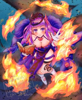 1girl bare_shoulders blue_dress blush book breasts brooch cleavage closed_mouth collarbone dress elbow_gloves fascinator fire fire_emblem fire_emblem_engage fishnet_thighhighs fishnets flower flower_brooch gloves highres holding holding_book hrtiki ivy_(fire_emblem) jewelry large_breasts long_hair looking_at_viewer magic mole mole_under_mouth nintendo purple_eyes purple_hair rose smile solo spiked thighhighs thighs thorn_print very_long_hair white_gloves