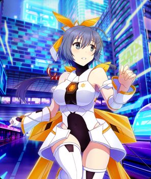 1girl ahoge bare_shoulders black_leotard blue_eyes blue_hair blush breasts building covered_navel cowboy_shot cyberspace dot_nose double-parted_bangs fingerless_gloves game_cg gloves hair_ornament hair_ribbon hairclip large_breasts leotard mole mole_under_eye multicolored_leotard official_art parted_lips red_ribbon ribbon running setouchi_chie sidelocks skirt solo striped_ribbon teeth thighhighs third-party_source toji_no_miko toji_no_miko:_kizamishi_issen_no_tomoshibi two-tone_leotard white_gloves white_leotard white_skirt white_thighhighs